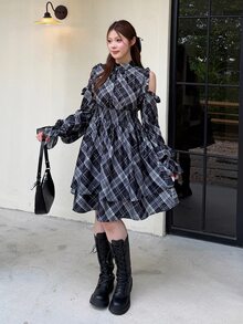 Bijouette Plus Size Women's Plaid Casual Daily Summer Dress - Black - View 4