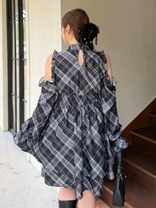 Bijouette Plus Size Women's Plaid Casual Daily Summer Dress - Black - View 2