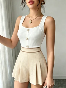 Elenzga 杏色優雅通勤顯瘦百搭寬腿短褲女裝兩件組 - 彩色 - 查看 2