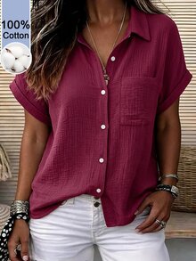 Linhara CURVE Plus-Size Women's Casual Solid Color Comfortable Breathable Textured Fabric, Simple Button-Down Short-Sleeved Shirt - Red - View 3