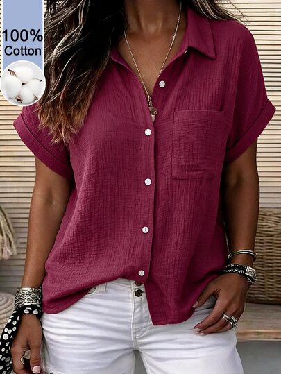 Linhara CURVE Camisa casual de uso diario de un solo color con botones delanteros para mujer de talla grande
