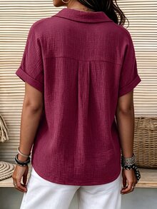 Linhara CURVE Plus-Size Women's Casual Solid Color Comfortable Breathable Textured Fabric, Simple Button-Down Short-Sleeved Shirt - Red - View 2