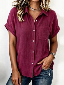 Linhara CURVE Plus-Size Women's Casual Solid Color Comfortable Breathable Textured Fabric, Simple Button-Down Short-Sleeved Shirt - Red - View 4