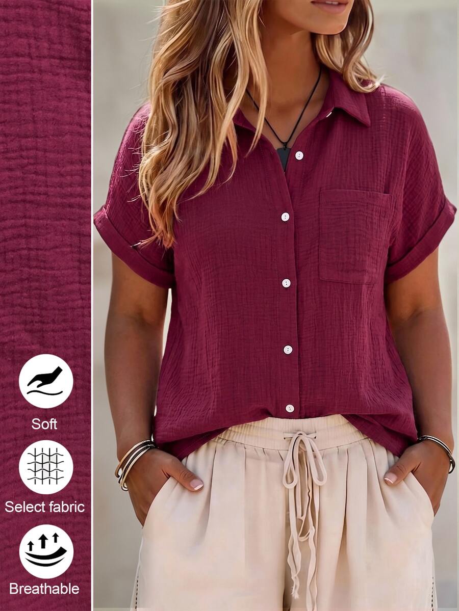 Linhara CURVE Plus-Size Women's Casual Solid Color Comfortable Breathable Textured Fabric, Simple Button-Down Short-Sleeved Shirt - Red - View 1