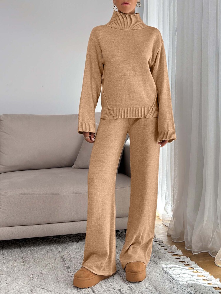 EURMUSE Women Relaxed Fit Turtle-Neck Sweater With Rib Knit Detailed And Straight Knit Pant Set Everyday Travel Camel Autumn Winter Casual Minimalist Lounge - Camel - View 6