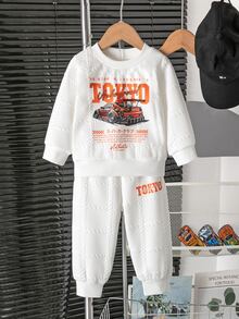 SHEIN Souflis 2pcs/Set Toddler Boys' Sports Casual Autumn Outfit, Jacquard Long Sleeve Pullover Top And Pants Set, Tokyo Racing Print, Back To School Sports Wear, Autumn/Winter - White - View 2