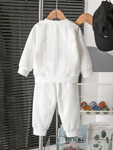 SHEIN Souflis 2pcs/Set Toddler Boys' Sports Casual Autumn Outfit, Jacquard Long Sleeve Pullover Top And Pants Set, Tokyo Racing Print, Back To School Sports Wear, Autumn/Winter - White - View 3