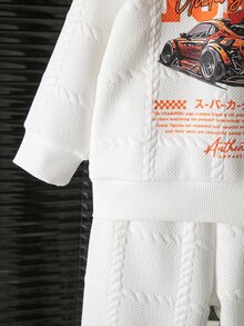 SHEIN Souflis 2pcs/Set Toddler Boys' Sports Casual Autumn Outfit, Jacquard Long Sleeve Pullover Top And Pants Set, Tokyo Racing Print, Back To School Sports Wear, Autumn/Winter - White - View 7