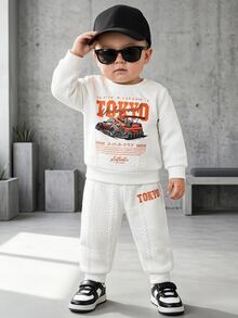 SHEIN Souflis 2pcs/Set Toddler Boys' Sports Casual Autumn Outfit, Jacquard Long Sleeve Pullover Top And Pants Set, Tokyo Racing Print, Back To School Sports Wear, Autumn/Winter - White - View 1