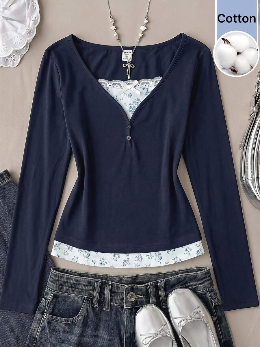 SHEIN Teen Girl Patchwork Floral Lace 2 In 1 Long Sleeve T-Shirt - Multicolor - View 1