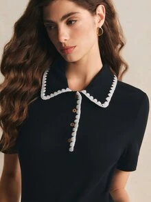 Poéselle 女款黑白格紋 Polo 衫，純棉高彈性經典對比飾邊設計，休閒上衣，適合日常與夏季早午餐 - 黑色 - 查看 2