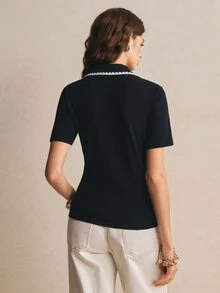 Poéselle 女款黑白格紋 Polo 衫，純棉高彈性經典對比飾邊設計，休閒上衣，適合日常與夏季早午餐 - 黑色 - 查看 3