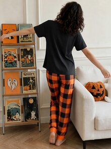 Chillnights طقم بيجامة نسائي كاجوال للمنزل بطبعة مربعات وتعبير شبح مرح وحيوي لعيد الهالوين - متعدد الألوان - مشاهدة 8