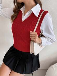 SHEIN PariChic 女士秋冬纯色 V 领休闲百搭针织毛衣背心 - 紅色 - 查看 6