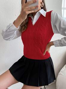 SHEIN PariChic 女士秋冬纯色 V 领休闲百搭针织毛衣背心 - 紅色 - 查看 3