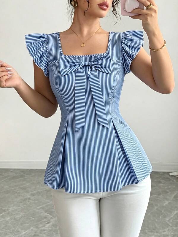 Elenzga Blusa de mujer con cuello cuadrado, mangas cortas y rayas azules y blancas, con lazo en la cintura y volantes en el bajo