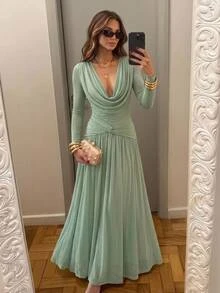Aloruh Damen Herbst/Winter Kleid mit Wasserfallkragen, geraffter Taille und A-Linie - Grün - Übersicht 5