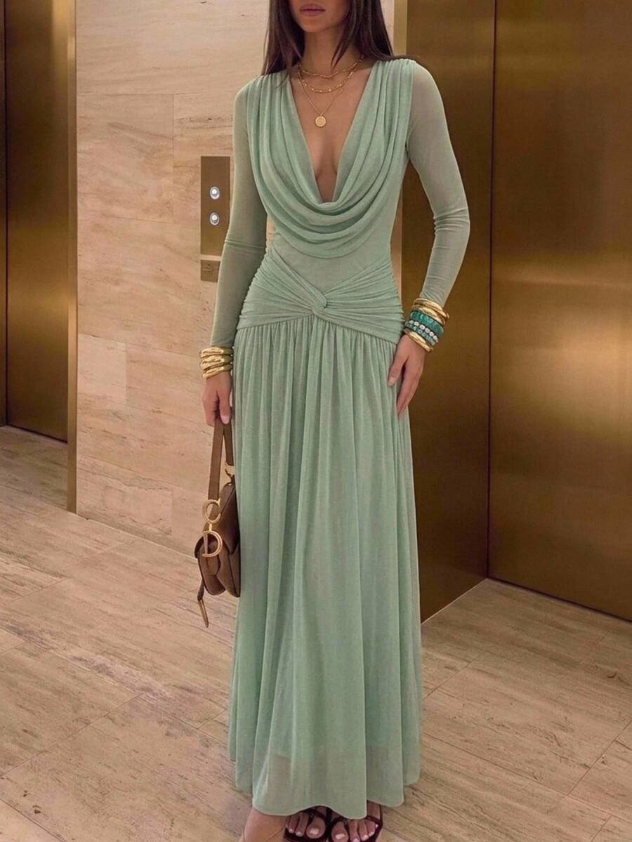 Aloruh Women's Autumn/Winter Cowl Neck Ruched Waist A-Line Dress - Green - View 1