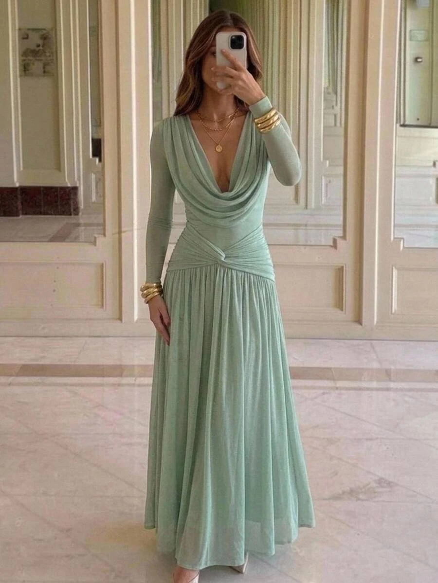 Aloruh Damen Herbst/Winter Kleid mit Wasserfallkragen, geraffter Taille und A-Linie - Grün - Übersicht 1