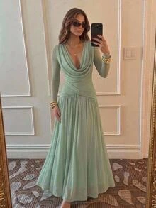 Aloruh Damen Herbst/Winter Kleid mit Wasserfallkragen, geraffter Taille und A-Linie - Grün - Übersicht 6