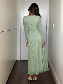 Aloruh Damen Herbst/Winter Kleid mit Wasserfallkragen, geraffter Taille und A-Linie - Grün - Übersicht 2