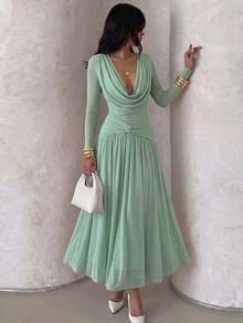 Aloruh Damen Herbst/Winter Kleid mit Wasserfallkragen, geraffter Taille und A-Linie - Grün - Übersicht 3