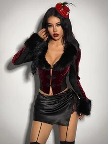 SHEIN ICON Women's Fashion Retro Fuzzy Patchwork Contrast Color Jacket,Halloween Costumes For Women - Burgundy - View 6