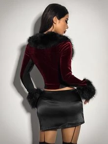 SHEIN ICON Women's Fashion Retro Fuzzy Patchwork Contrast Color Jacket,Halloween Costumes For Women - Burgundy - View 2