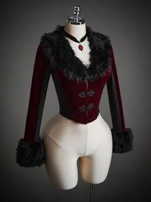 SHEIN ICON Women's Fashion Retro Fuzzy Patchwork Contrast Color Jacket,Halloween Costumes For Women - Burgundy - View 4