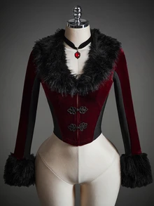 SHEIN ICON Women's Fashion Retro Fuzzy Patchwork Contrast Color Jacket,Halloween Costumes For Women - Burgundy - View 3