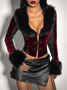SHEIN ICON Women's Fashion Retro Fuzzy Patchwork Contrast Color Jacket,Halloween Costumes For Women - Burgundy - View 5