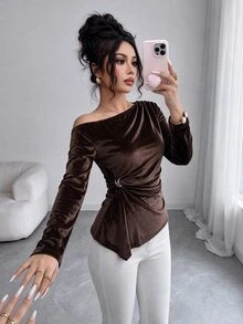 Elenzga 女款純色不對稱肩金屬裝飾百褶時尚百搭T恤 - 棕色 - 查看 3