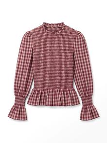 Nöista Pink Plaid Ruffled Top With Frills, Perfect For A Youthful Look,Sweet And Elegant,Suitable For Everyday Wear, Parties,Outings,Fall Winter. - Burgundy - View 6