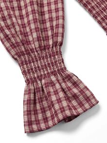 Nöista Pink Plaid Ruffled Top With Frills, Perfect For A Youthful Look,Sweet And Elegant,Suitable For Everyday Wear, Parties,Outings,Fall Winter. - Burgundy - View 8