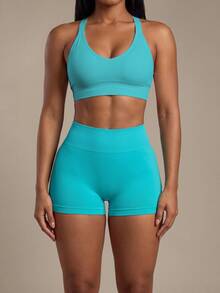 Costa Lumi Quần short thể thao nữ màu hồng, quần short tập yoga cạp cao không đường may - Màu xanh Bạc hà - Xem 5