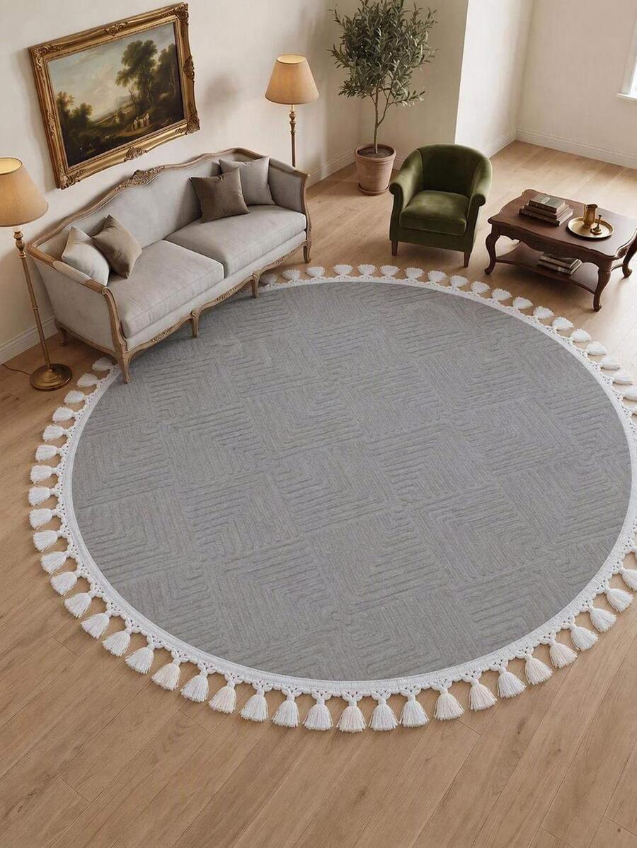 Modern Round Boho Rug – Textured Geometric Circle Carpet With White Tassel Fringe – Washable Nursery & Living Room Decor - Creamy White - View 1