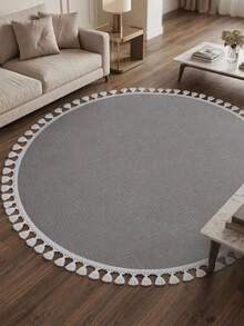 Modern Round Boho Rug – Textured Geometric Circle Carpet With White Tassel Fringe – Washable Nursery & Living Room Decor - Creamy White - View 3