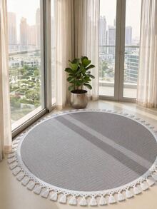 Modern Round Boho Rug – Textured Geometric Circle Carpet With White Tassel Fringe – Washable Nursery & Living Room Decor - Creamy White - View 2