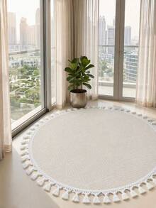 Modern Round Boho Rug – Textured Geometric Circle Carpet With White Tassel Fringe – Washable Nursery & Living Room Decor - Mocha Brown - View 2