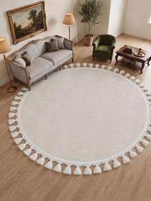 Modern Round Boho Rug – Textured Geometric Circle Carpet With White Tassel Fringe – Washable Nursery & Living Room Decor - Mocha Brown - View 1