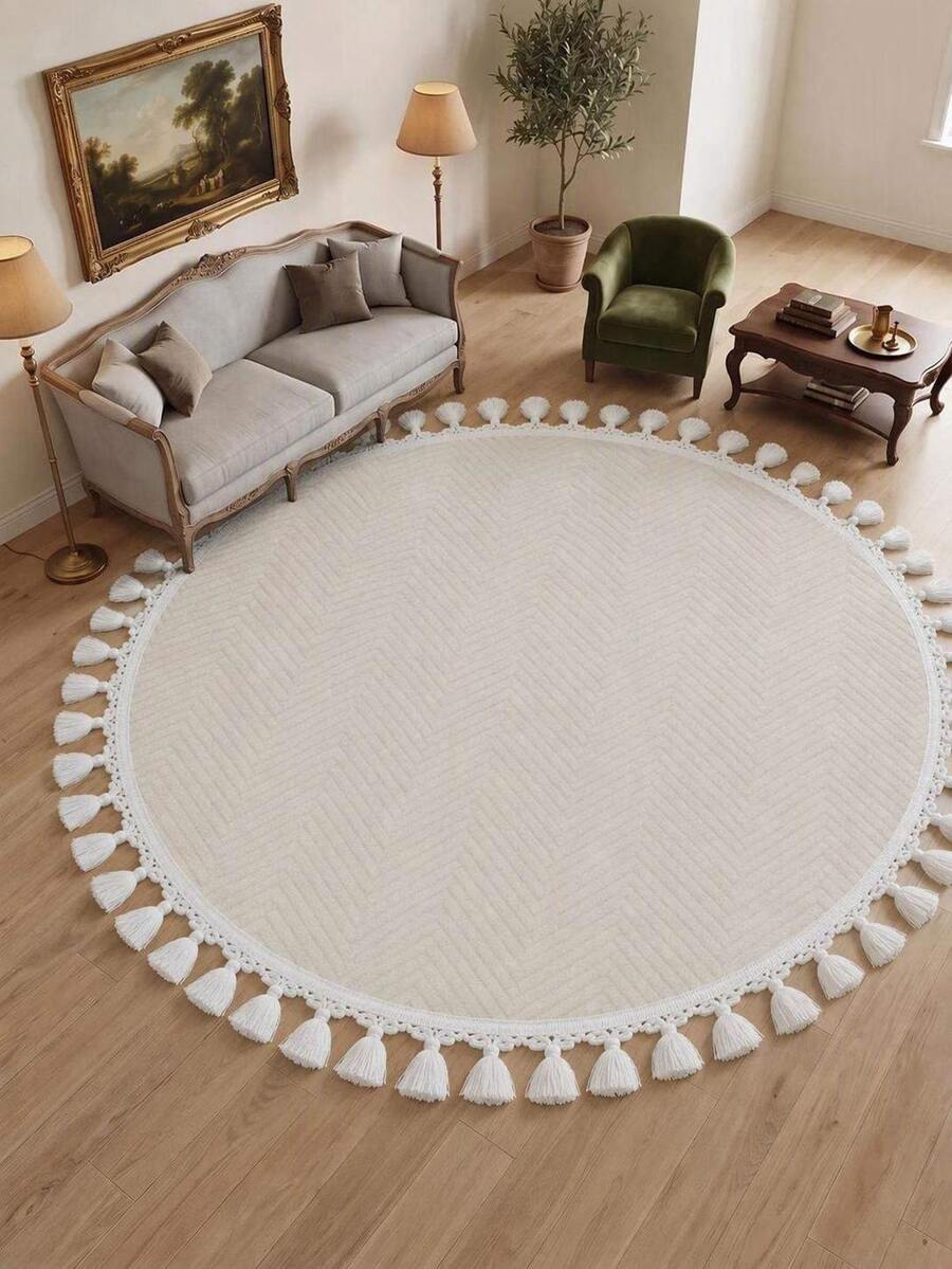 Modern Round Boho Rug – Textured Geometric Circle Carpet With White Tassel Fringe – Washable Nursery & Living Room Decor - Mocha Brown - View 1
