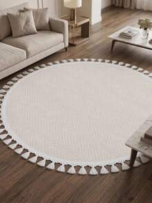 Modern Round Boho Rug – Textured Geometric Circle Carpet With White Tassel Fringe – Washable Nursery & Living Room Decor - Mocha Brown - View 3