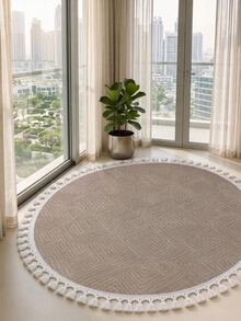 Modern Round Boho Rug – Textured Geometric Circle Carpet With White Tassel Fringe – Washable Nursery & Living Room Decor - Chocolate Brown - View 4