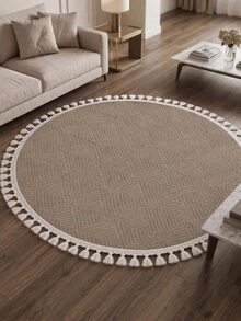 Modern Round Boho Rug – Textured Geometric Circle Carpet With White Tassel Fringe – Washable Nursery & Living Room Decor - Chocolate Brown - View 5