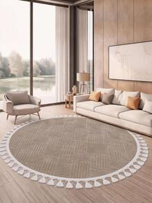 Modern Round Boho Rug – Textured Geometric Circle Carpet With White Tassel Fringe – Washable Nursery & Living Room Decor - Chocolate Brown - View 3