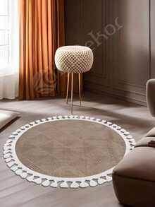 Modern Round Boho Rug – Textured Geometric Circle Carpet With White Tassel Fringe – Washable Nursery & Living Room Decor - Chocolate Brown - View 6
