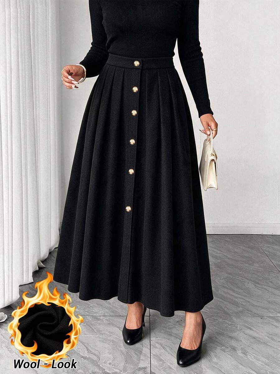 GlowEve CURVE Plus Size Women's Elegant Solid Color Wool A-Line Single-Breasted Skirt, Minimalist Cut With Metal Button Decor, Suitable For Daily Commute Black - Black - View 1