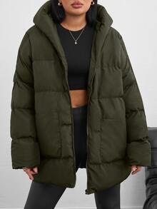SHEIN Tall Zip Up Hooded Padded Coat With Two Pockets - Army Green - View 5
