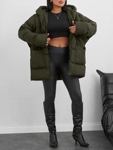 SHEIN Tall Zip Up Hooded Padded Coat With Two Pockets - Army Green - View 6