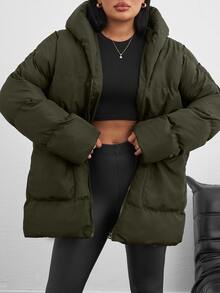 SHEIN Tall Zip Up Hooded Padded Coat With Two Pockets - Army Green - View 2